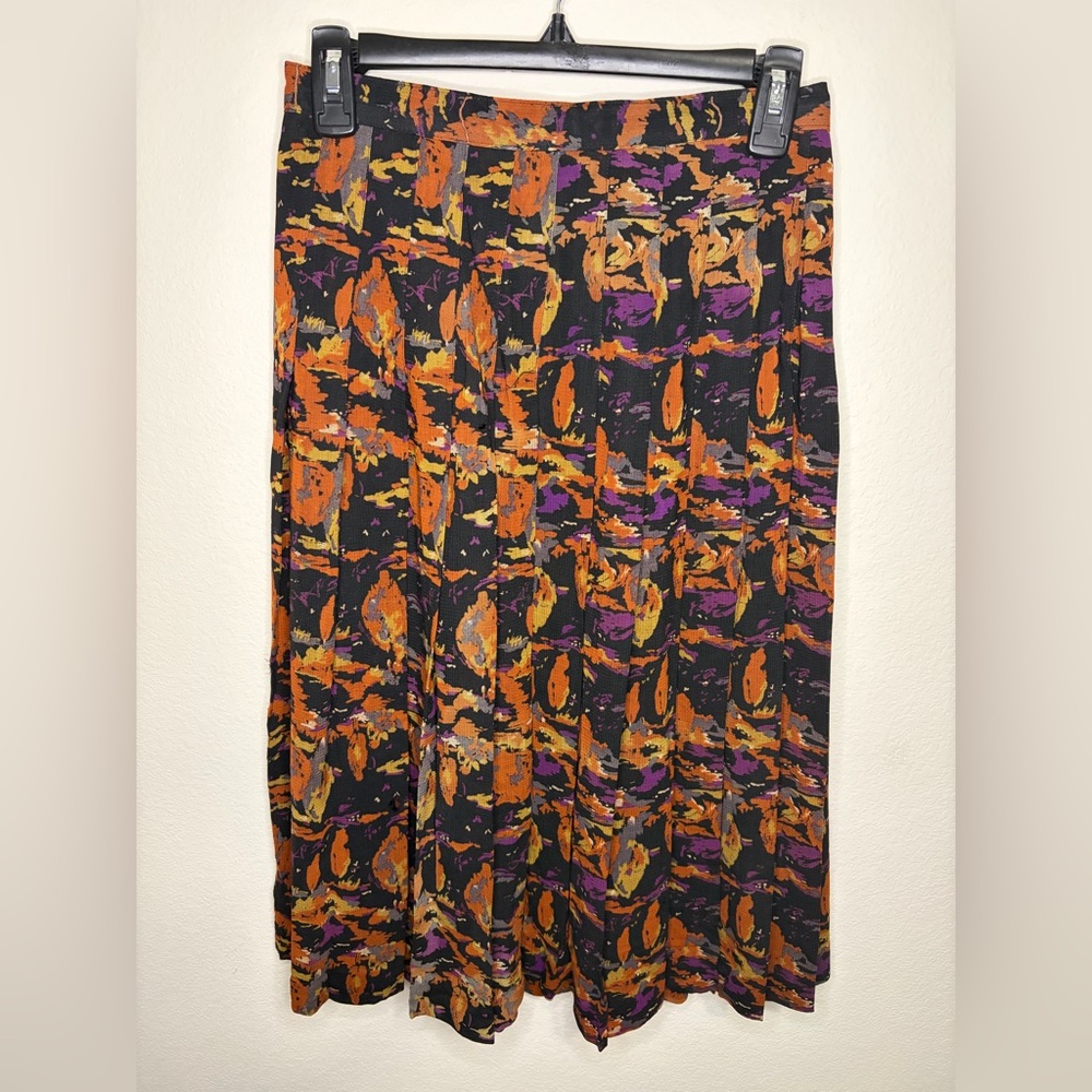 Abstract Print Midi Skirt in Black, Orange & Purple